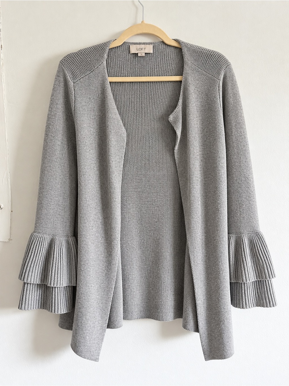 LOFT Light Gray Open Cardigan with Tiered Ruffle Sleeves